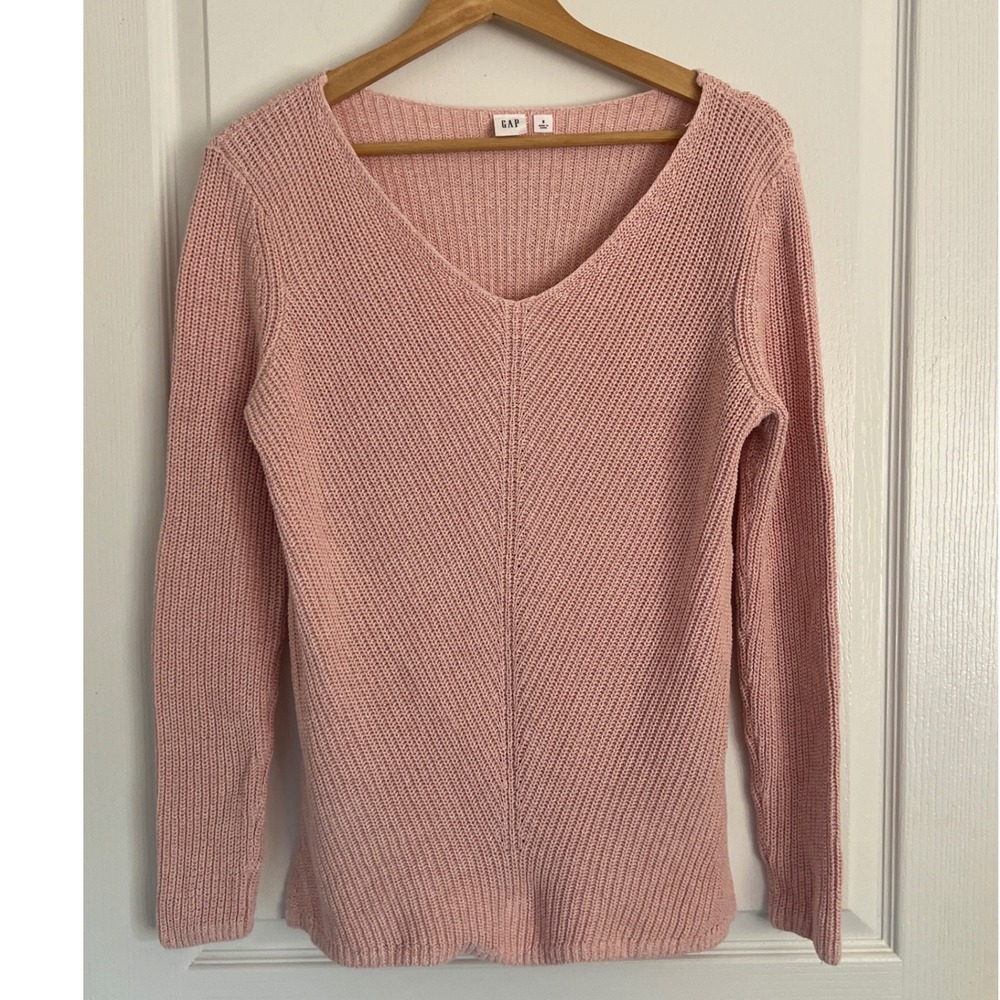 Gap Sweater Womens Rose Quartz Pink Fisherman Cotton Rib V-Neck Pullover Preppy